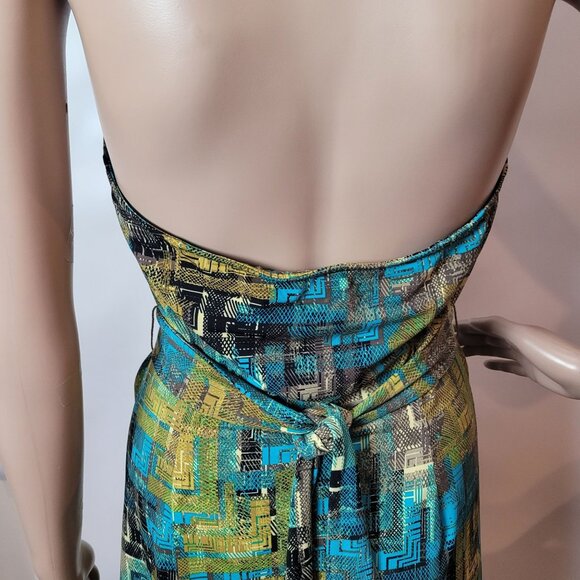 BCBGMAXAZRIA Teal Multicolor Abstract Patterned Halter Dress Size Sm V-neck Wrap - Picture 8 of 12